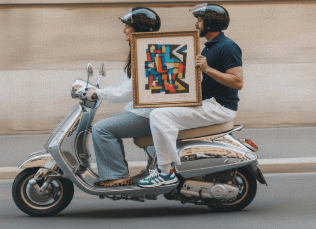 AI generated picture: couple on a vespa with art