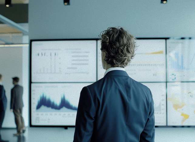 AI generated image: business man reading stock charts